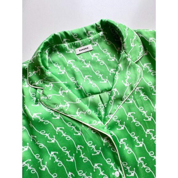 NWOT SANDRO Voillier Green Anchor Print Satin Pajama Playsuit Set, Size 3/42 - Picture 8 of 16